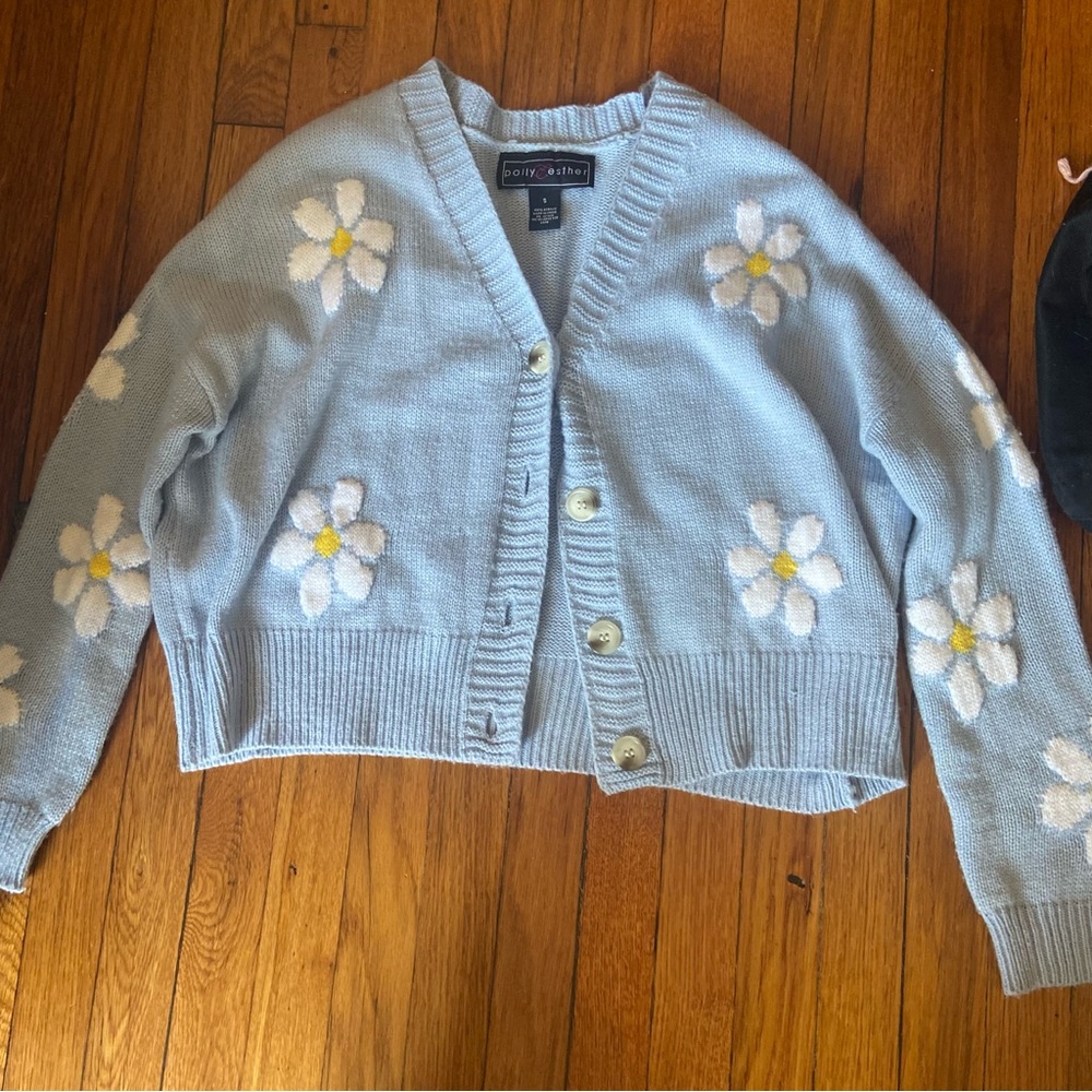 Blue Knit Cardigan with White Daisies